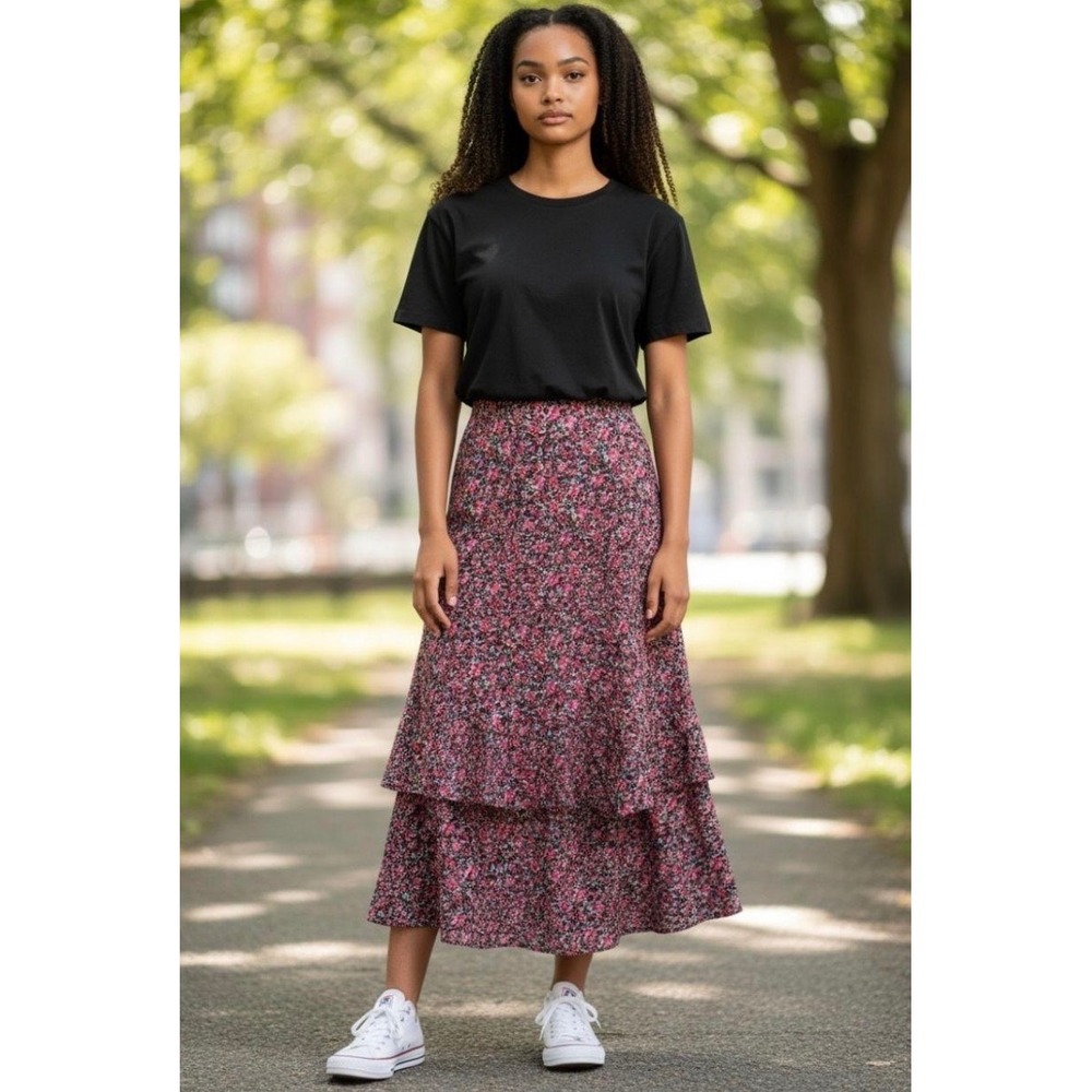AFRM x Nordstrom Peplum Ditsy Floral Tiered Maxi Skirt XS Retro Pink Purple